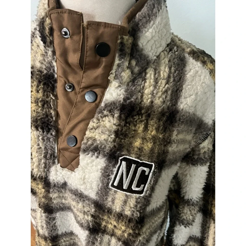 Home Free Plaid Sherpa Fleece Lined Pullover‎ Sweater Quarter Button Up NC Sz L